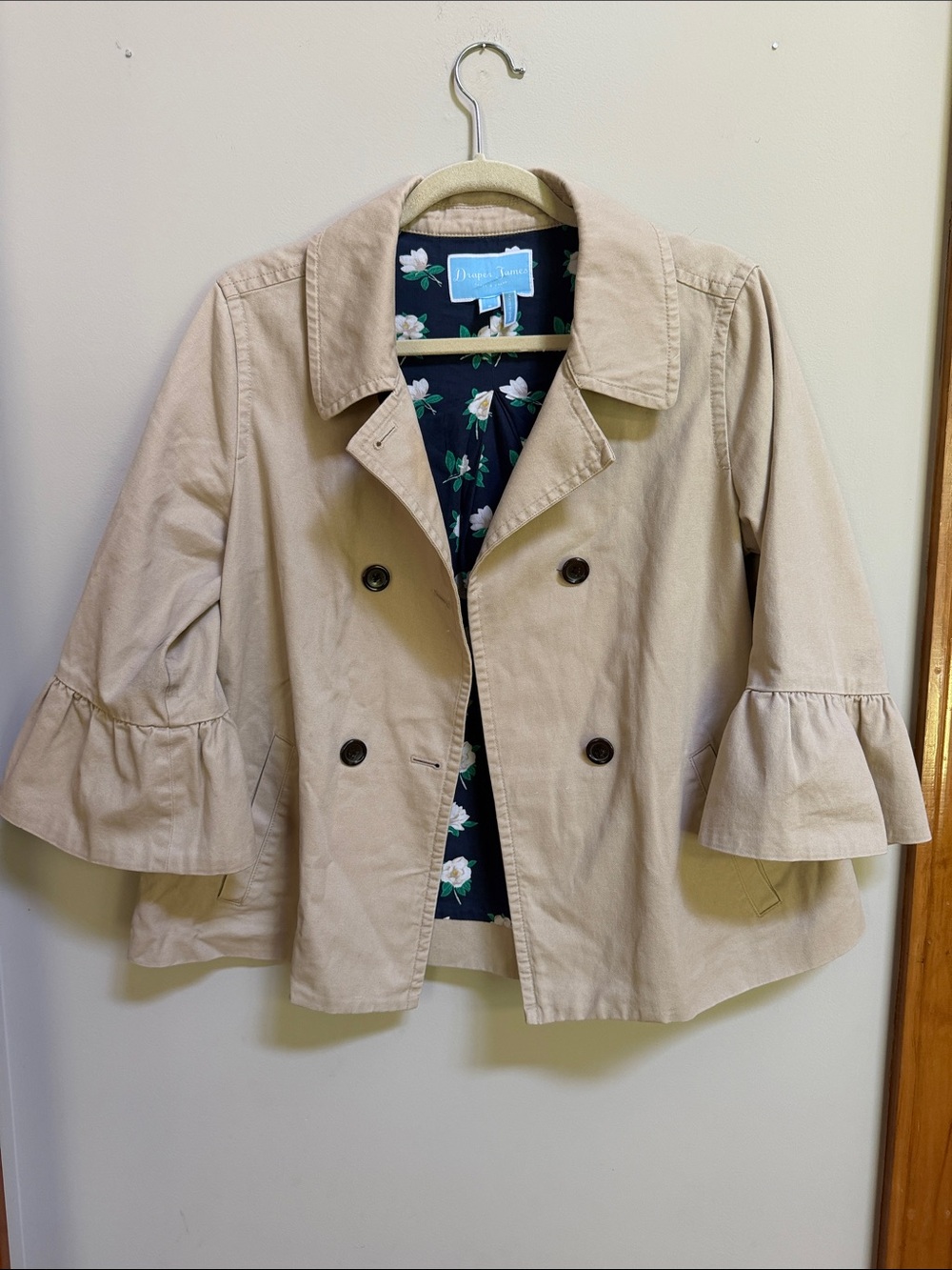 Draper James Beige Double-Breasted Coat with Floral Lining